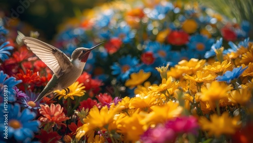 Hummingbird in flight amidst vibrant colorful flowers in a sunny garden