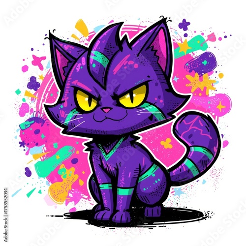 Vibrant cartoon cat illustration with a colorful graffiti-style background