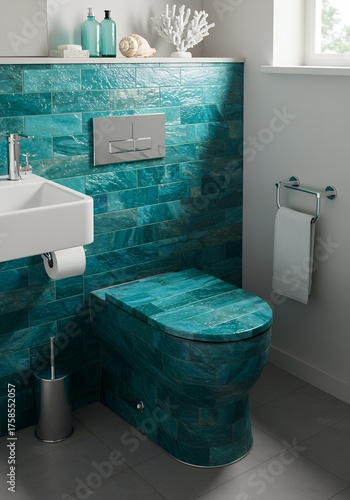 Modern Bathroom with Blue Tile Wall and Compact Toilet