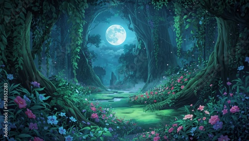Enchanting forest scene with a full moon and blooming flowers