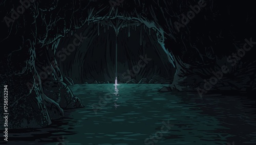 Mysterious cave with a glowing light reflecting in the water, illustration