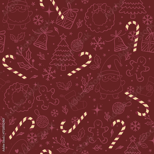 Christmas seamless pattern with doodle decoration and illustration design for a festive wallpaper texture.