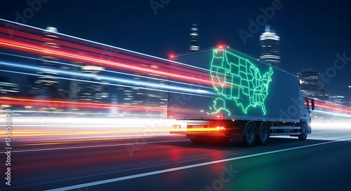Dynamic Long Exposure Truck with USA Map on City Highway at Night
