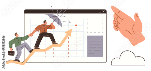 Team climbing rising arrow on growth chart, shielding against obstacles with umbrella. Ideal for teamwork, leadership, success, collaboration, problem solving, progress and innovation. Simple flat
