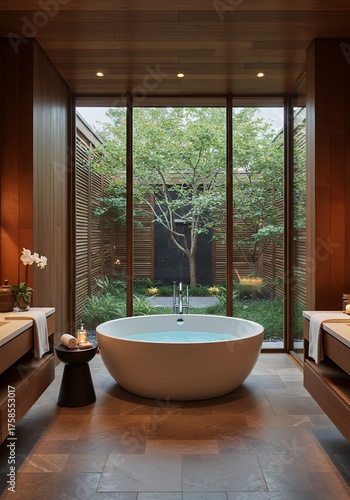 Modern Bathroom with Freestanding Bathtub Large Window View of Green Garden