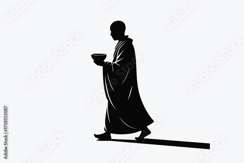 Silhouette of a buddhist monk walking with a bowl isolated on white background