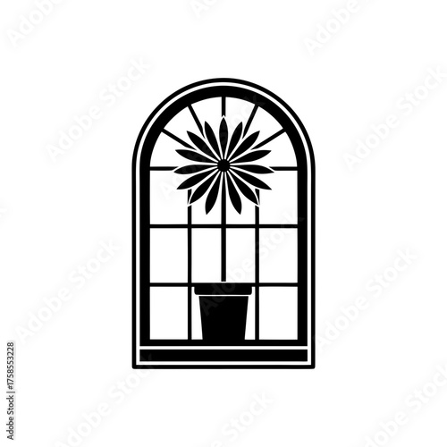 Flower in pot behind window frame on transparent background silhouette