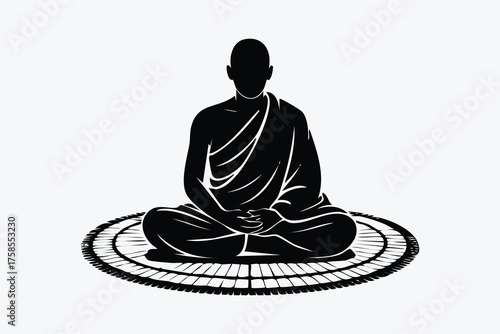 Silhouette of a monk meditating on a circular mat isolated on white background