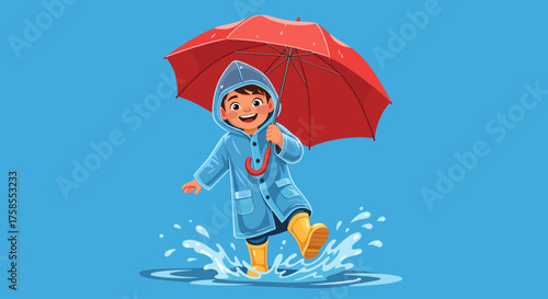 Boy jumping in puddle with umbrella on rainy day