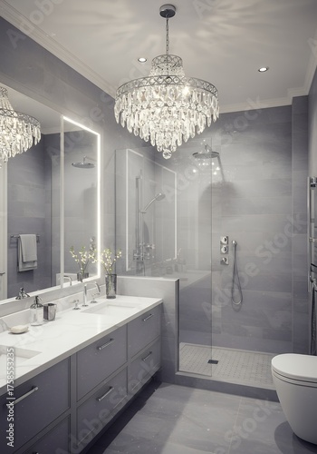 Luxurious Modern Bathroom with Chandelier and Walk-in Shower in Gray Tones