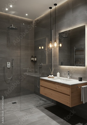 Modern Gray Bathroom with Walk-in Shower and Wooden Vanity