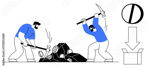 Two workers with pickaxe and hammer breaking rocks into pieces, extracting resources for production. Ideal for teamwork, manual labor, resource extraction, productivity, industrial processes, hard