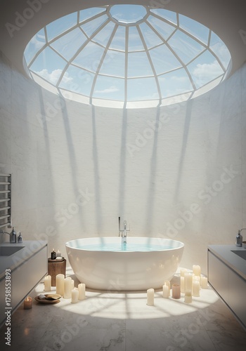 Modern Circular Bathtub in Sunlit Bathroom with Skylight and Candles