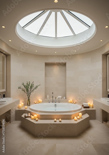 Serene Modern Bathroom with Round Bathtub Illuminated by Candles and Skylight
