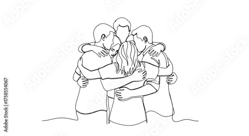 Group of friends hugging continuous line drawing vector illustration for teamwork and support