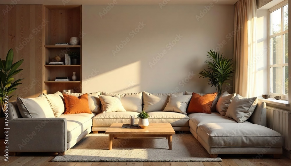 Obraz premium Serene Living Room Interior Soft Lighting, Plush Textures, and Comfortable Furniture Create a Relaxing Atmosphere Perfect for Home Decor and Hygge Themes