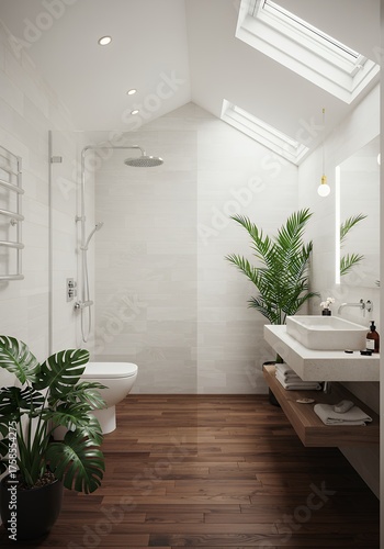 Modern Bright Bathroom with Skylight and Green Indoor Plants