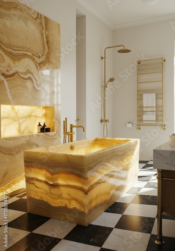 Luxurious Onyx Bathtub in Elegant Modern Bathroom with Gold Fixtures and Black White Checkered Floor