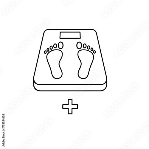 Bathroom scale with footprints and plus sign on white background weighing weight