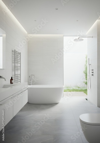 Modern Minimalist White Bathroom with Freestanding Bathtub and Large Window