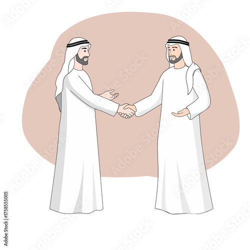 Arab Muslim men shaking hands wearing traditional clothing illustration