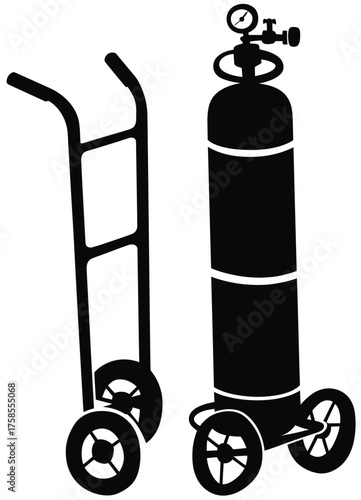 Scalable vector illustration of a gas cylinder and hand truck for industrial and commercial use silhouette vector illustration white background