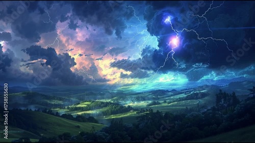 Wallpaper Mural Vivid Lightning Storm Over Dark Rolling Hills Torontodigital.ca