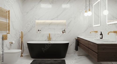 Modern Black Bathtub in Elegant White Marble Bathroom with Gold Fixtures and Minimalist Decor