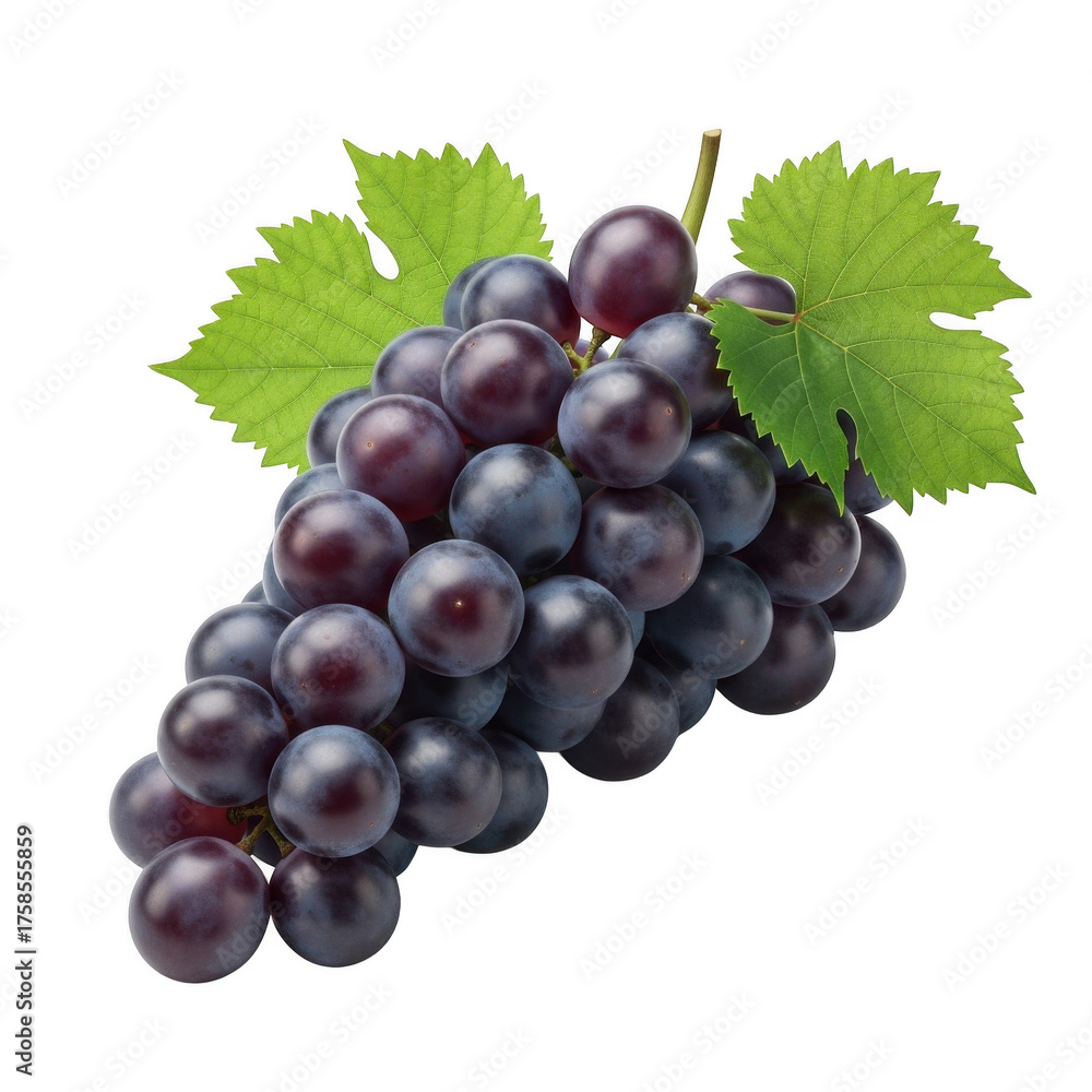 Fototapeta premium Dark purple grapes with green leaves on a background fruit food