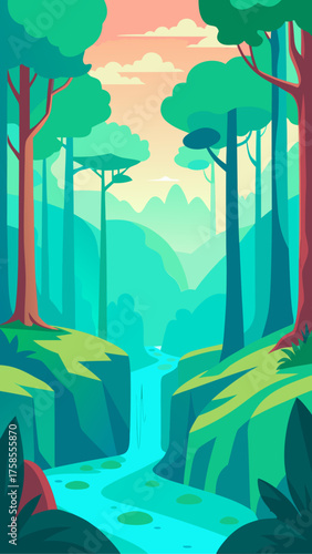 Stylized forest landscape with a flowing river and distant mountains at sunset