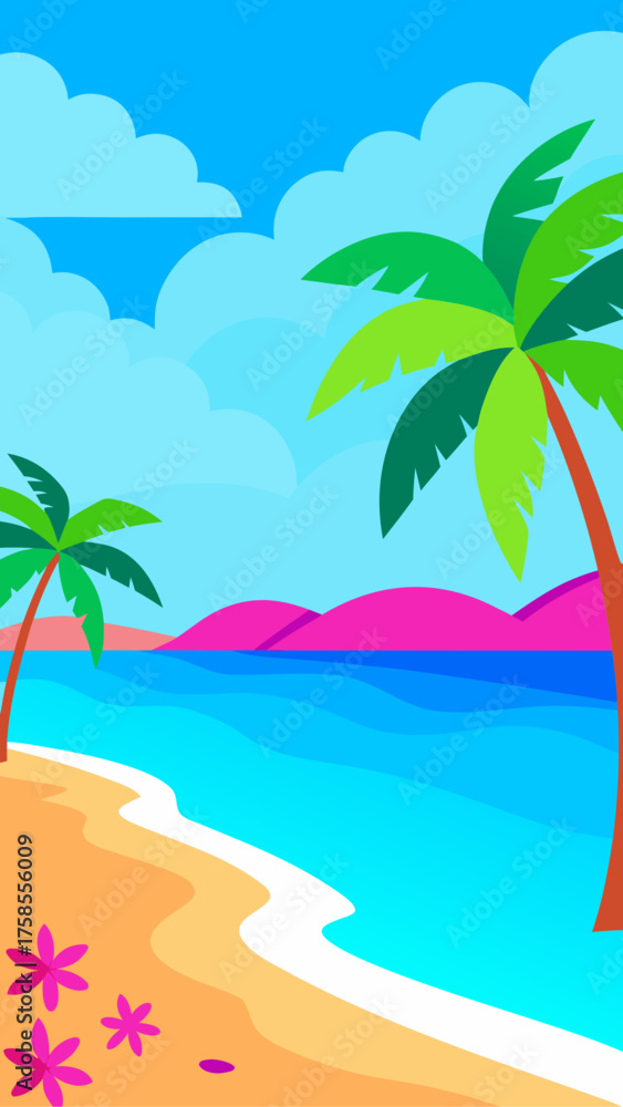 Obraz premium Bright and colorful tropical beach scene with palm trees and ocean waves