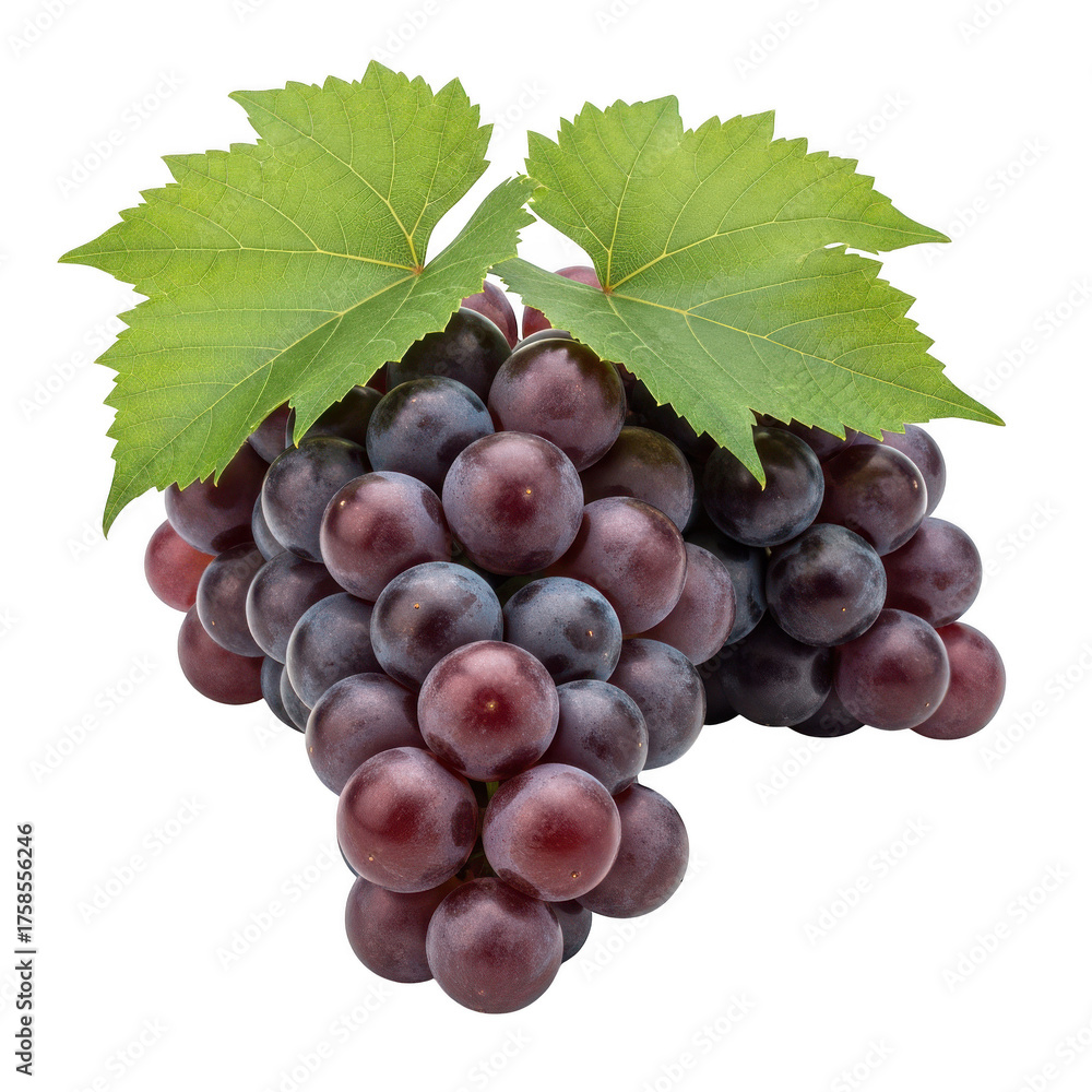 Fototapeta premium Dark Red Grapes with Green Leaves on Background fruit food