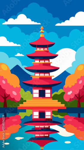 Wallpaper Mural Vibrant japanese pagoda reflected in calm water with autumn trees and mountains Torontodigital.ca