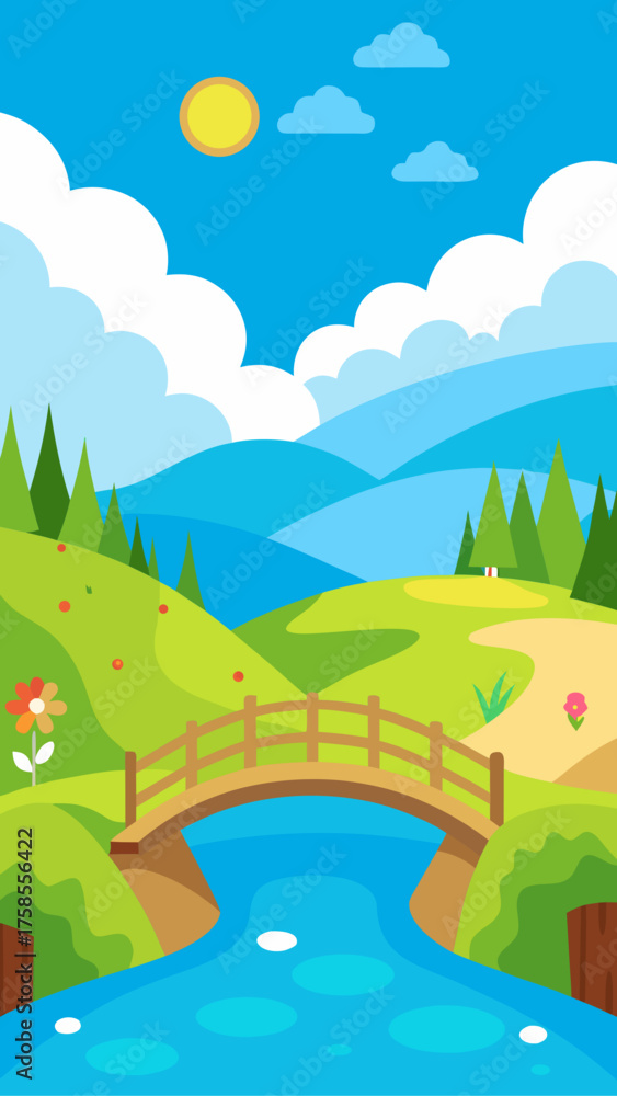 Fototapeta premium Charming cartoon landscape with a wooden bridge over a blue river and rolling green hills under a bright sun and blue sky