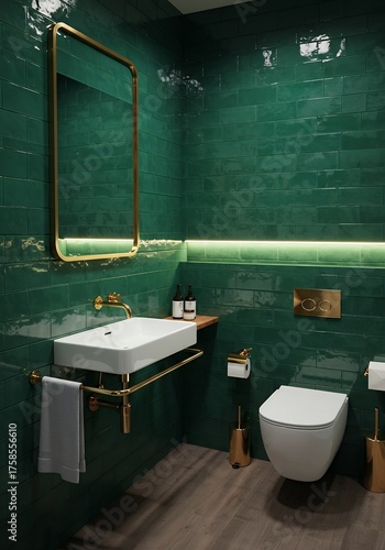 Modern Green Tiled Bathroom with Gold Fixtures and Led Lighting