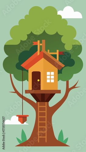 Charming treehouse with a ladder and swing nestled in a large green tree