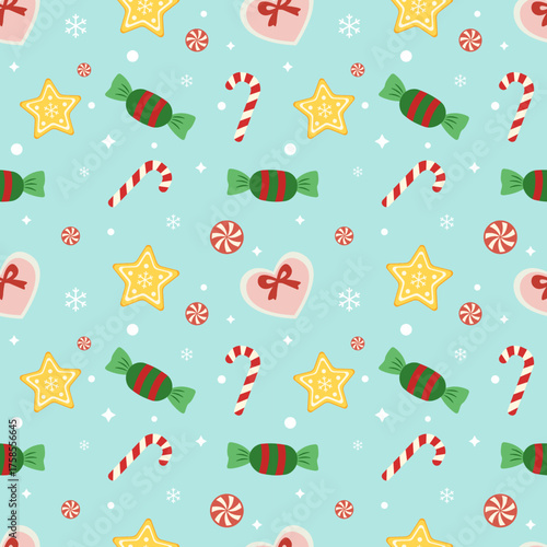 Cute Christmas Candy Seamless Pattern Vector: Round, Wrapped, Star, Heart Lollipops, and Candy Canes. Pale Teal Flat Design for Sweet Fabric and Wrapping Paper.