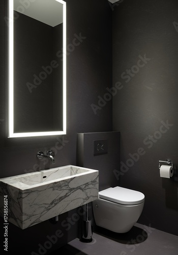 Modern Small Bathroom with Black Walls and Marble Sink Illuminated Mirror