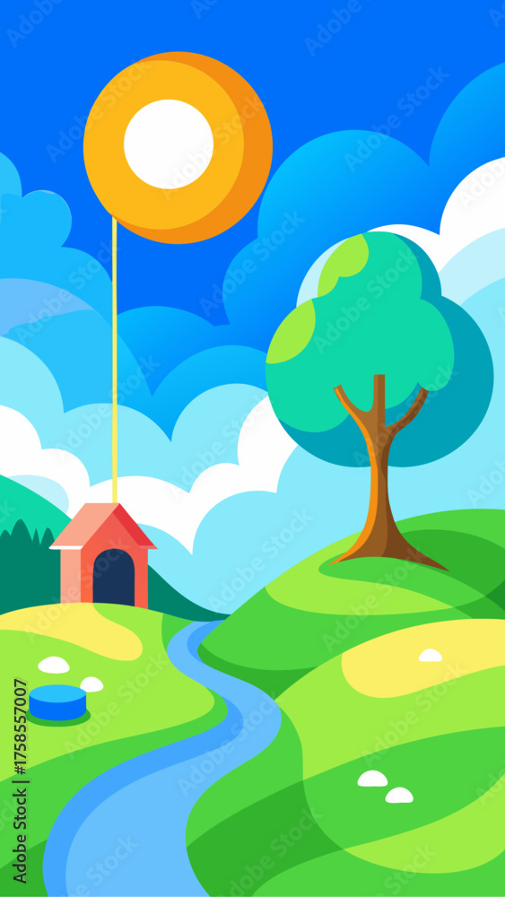 Fototapeta premium Stylized cartoon landscape with a doghouse tree river and sun