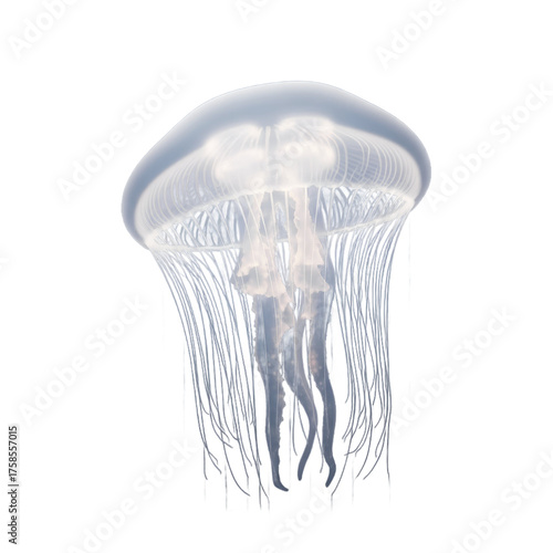 Photorealistic jellyfish isolated on transparent background, translucent bell glowing softly, visible tentacle threads and light diffusion, cinematic backlight, soft underwater haze, 8k detail, clean 