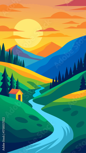 Vibrant sunset over a serene mountain landscape with a winding river and a small cabin