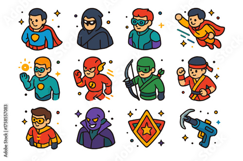 Superhero Icons Collection. Superhero team. Colorful isometric vector icons set of superhero team: caped hero, masked vigilante, tech genius, flying hero,