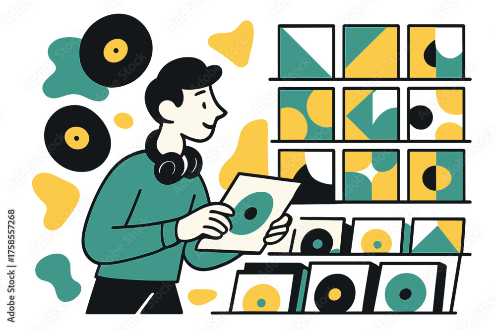 Naklejka premium Vinyl Dreamscape. Record store. A wall of vinyl covers shown as abstract blocks of color, character browsing with headphones around their neck. Floating