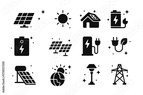 Solar Power Icons. Solar power. Solid icons set of Solar power: solar panel, sun, house with solar roof, battery storage, inverter box, solar farm, charging