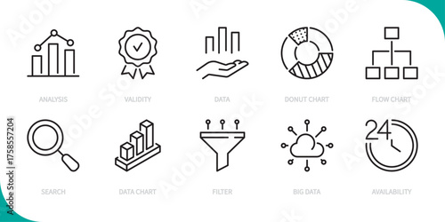 Data analysis line icon set. Analysis, validity, data, donut chart, flow chart, search, data chart, filter, big data, availability sign. Vector illustration. Editable stroke. Flat design.