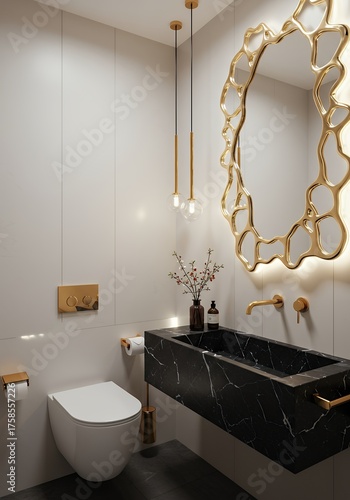 Modern Minimalist Bathroom with Black Marble Sink and Gold Accents