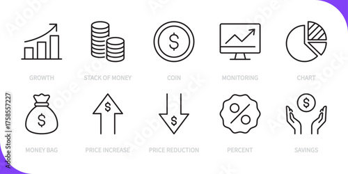 Finance & business line icon set. Growth, stack of money, coin, monitoring, chart, money bag, price increase, price reduction, percent, savings sign. Vector illustration. Editable stroke. Flat design.