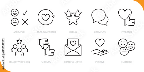 Feedback line icon set. Aspiration, good comes back, rating, comments, feedback, collective opinion, critique, grateful letter, positive, emotion sign. Vector illustration.Editable stroke.Flat design.