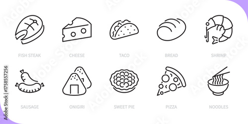 Fast food line icon set. Fish steak, cheese, taco, bread, shrimp, sausage, onigiri, sweet pie, pizza, noodles sign. Vector illustration. Editable stroke. Flat design.