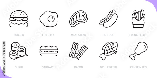 Fast food line icon set. Burger, fried egg, meat steak, hot dog, French fries, sushi, sandwich, bacon, grilled fish, chicken leg sign. Vector illustration. Editable stroke. Flat design.